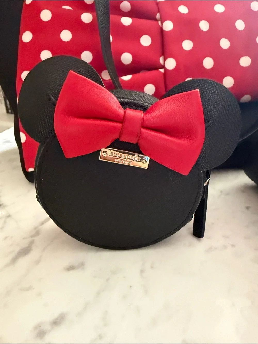 kate spade Minnie Mouse Black Handbag Set with Red Polka Dot Bows